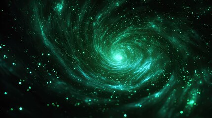 Green glowing spiral galaxy swirling in deep space