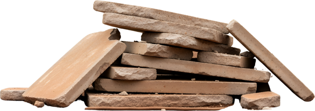A pile of stacked rough cut sandstone slabs and rectangular paving stones construction building materials quarry material