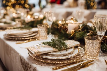 Sophisticated Holiday Event: Close-up of Festive Table Arrangement Featuring Gold Cutlery, Crystal Glasses, and Pine Branches