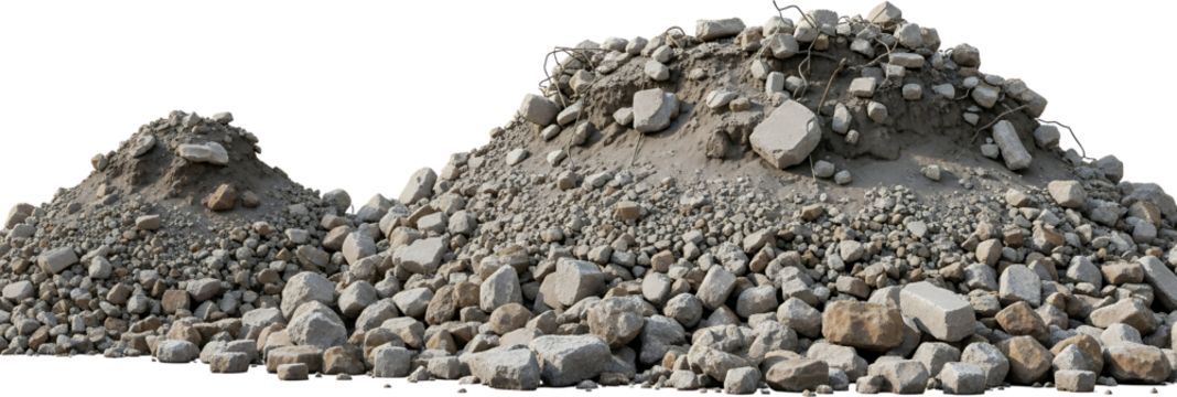 A large pile of broken concrete rocks and gravel with some exposed rebar signifying demolition debris rubble construction