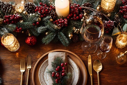Traditional Christmas Dinner Table: Overhead View of a Rustic Place Setting with Red Berries, Pine Garland, and Gold Cutlery