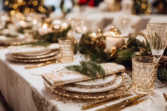 Sophisticated Holiday Event: Close-up of Festive Table Arrangement Featuring Gold Cutlery, Crystal Glasses, and Pine Branches