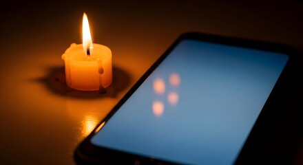 A lit candle placed next to a smartphone on a dark surface creating a warm and calming ambiance suitable for relaxation or meditation purposes