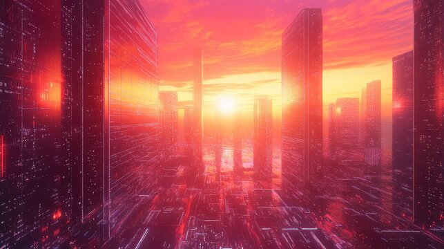 Futuristic cityscape digital data connection at sunset