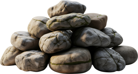 A Pile Of Large Rounded River Rocks With Moss Growing In The Crevices Isolated On A Transparent Background Displaying Natural Textures And Earthy Tones