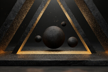 Luxurious black display stand with glowing golden triangles and sparkling glitter particles