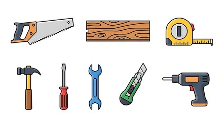 Illustration of carpentry tools saw hammer screwdriver wrench cutter drill and wood plank