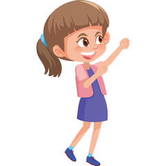 Young girl with brown hair in a blue dress and pink cardigan dancing happily on a transparent background