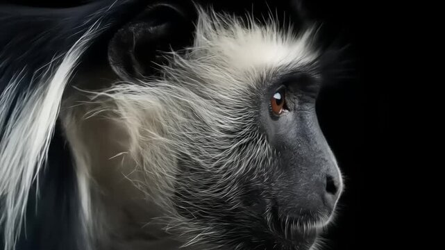 Close up of colobus monkey profile with black and white fur
