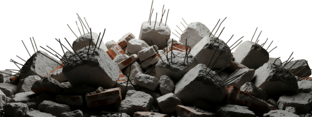 Pile of shattered concrete blocks and broken bricks with exposed rebar debris rubble construction demolition material waste