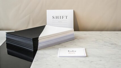 Elegant Arrangement of Minimalistic Stationery with Black and White Design on a Marble Surface in Modern Workspace Setting