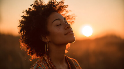 black woman with closed eyes enjoying warm sunset glow in the fields as backlit sunlight highlights her calm smile expressing peace emotional warmth and a beautiful outdoor moment