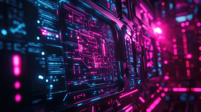 Glowing electronic circuit board lines with neon data processing