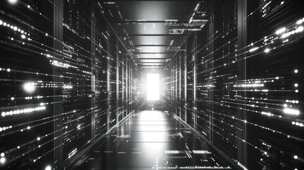 Server room corridor with data light streams