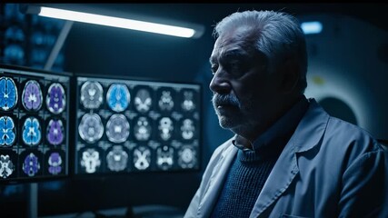 Doctor examines brain MRI scan. Radiologist neurologist review for diagnosis. Healthcare medicine technology supports analysis. Clinical imaging informs patient treatment planning and care decisions. - Powered by Adobe