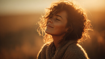 smiling woman standing in sunlit fields at golden hour with eyes closed embracing a moment of calm happiness as warm backlit sunlight creates a serene and emotional atmosphere