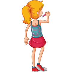Young girl with blonde ponytail wearing blue striped tank top and pink skirt holding a pink marker in a white background cartoon illustration