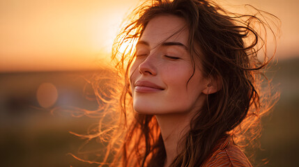 smiling woman standing in sunlit fields at golden hour with eyes closed embracing a moment of calm happiness as warm backlit sunlight creates a serene and emotional atmosphere