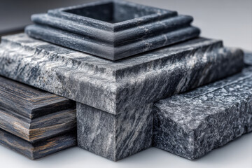 Set of veined marble and dark slate picture frames with chamfered edges on white