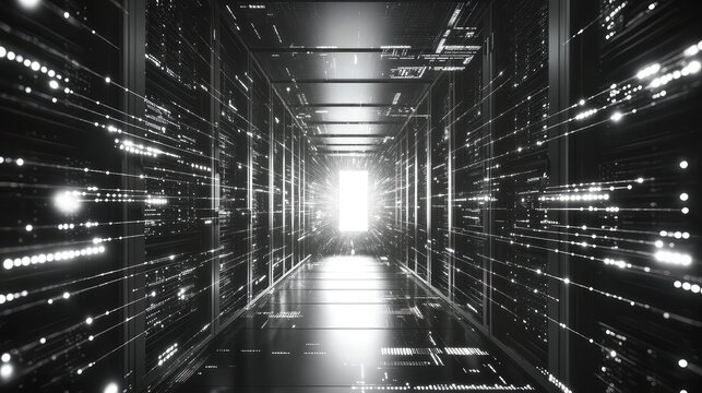 Server room corridor with data light streams