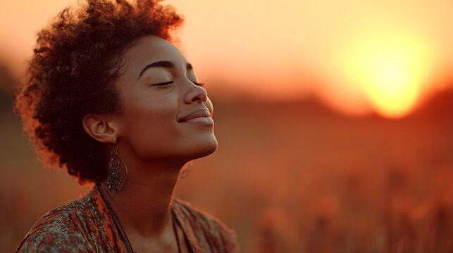 black woman with closed eyes enjoying warm sunset glow in the fields as backlit sunlight highlights her calm smile expressing peace emotional warmth and a beautiful outdoor moment