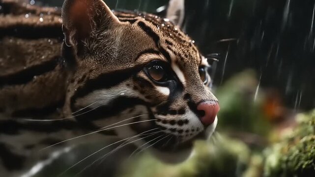 Close up of ocelot in rain wild animal portrait with nature background