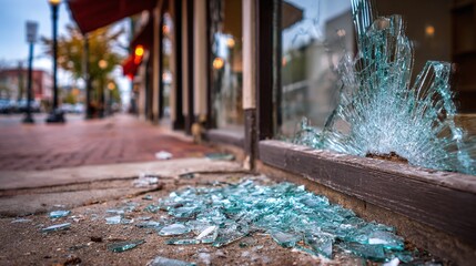 A shattered storefront window on a quiet city street. Broken glass lies scattered on the sidewalk, reflecting the light and the surrounding urban scene. Loss and damage.