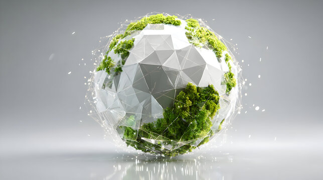 Futuristic geometric sphere with faceted design and green elements - Powered by Adobe