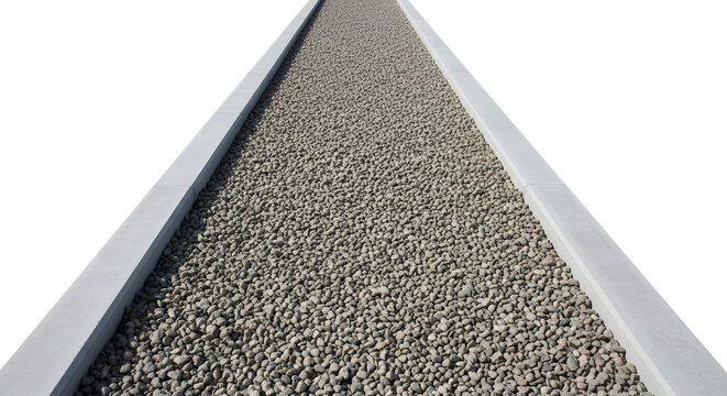 A perspective view of a gravel pathway bordered by concrete curbs isolated on a transparent background walkway surface material