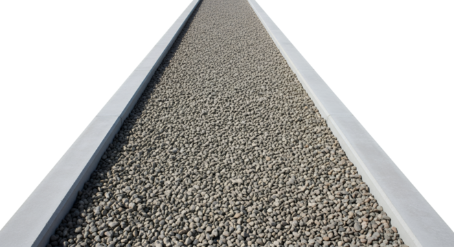 A perspective view of a gravel pathway bordered by concrete curbs isolated on a transparent background walkway surface material