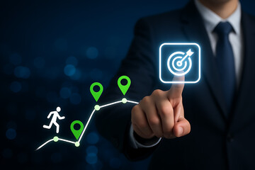 Businessman hand touching a growth chart with a running figure and location pins towards a glowing target icon representing a focus on business objectives