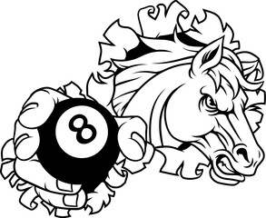 Horse mustang bronco stallion angry pool billiards sports team mascot holding a ball.
