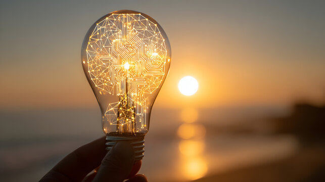 Artificial intelligence and innovation concept with light bulb at sunset