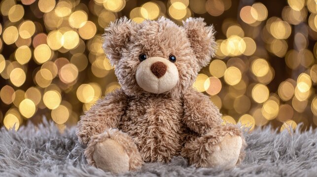 A cozy teddy bear sits on a soft grey blanket against a backdrop of warm, golden bokeh lights, creating a serene, comforting ambiance for a child's room or a festive holiday scene.