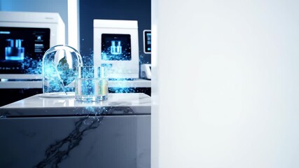 A futuristic globe with blue circuitry on a table with computers in a dark room with a shallow depth of field and cool tones. - Powered by Adobe