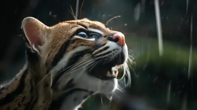 Close up of wildcat with spotted fur and open mouth in natural setting