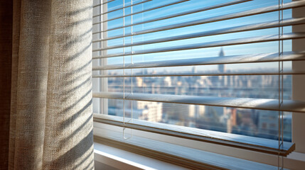 Soft sunlight casts horizontal blind shadows on textured natural linen fabric