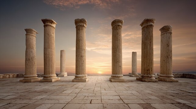 Standing tall against the ages, these weathered columns evoke a sense of timelessness and history. Ancient architecture under a serene sunset sky.