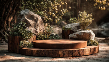 Wooden podium with rocks and plants in sunlight featuring round brown platform outdoors