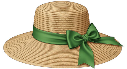 Straw sun hat with green ribbon and bow for summer fashion