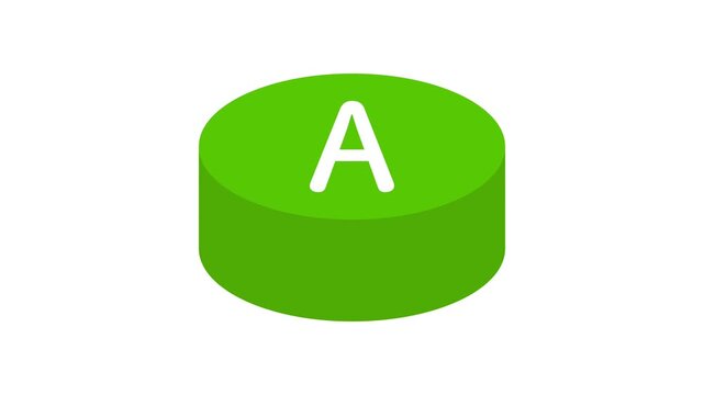 シンプルな緑のAボタンが押されるアニメーション。チュートリアルに使える円柱状のゲームのスイッチのUI