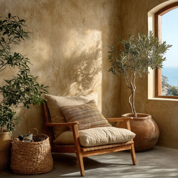 Minimalist clay plaster wall with gentle trowel texture in soft natural light