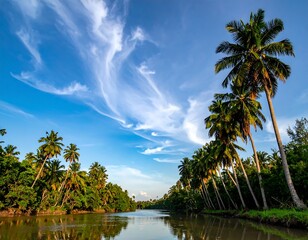 Obraz premium Palm trees line a calm river, under a blue sky with streaky clouds