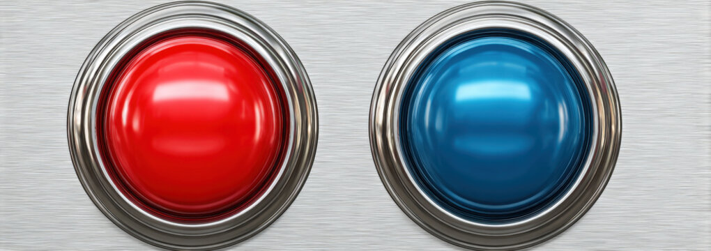 Blue and red oval buttons with shiny chrome frames on white background vector