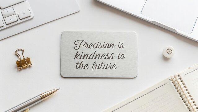 Inspirational quote on a desk with stationery and technology promoting kindness and precision for a bright future