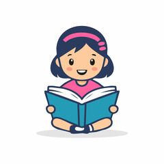 Cheerful cartoon girl engrossed in reading a book, fostering education and imagination