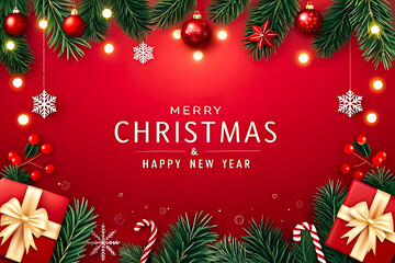 Red Merry Christmas and Happy New Year Background with Gifts and Pine Decor