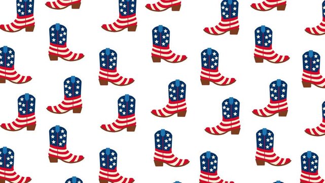Seamless animated pattern featuring cowboy boots decorated with the American flag. Ideal for patriotic themes, Western promotions, holiday events, Independence Day content, backgrounds, and branding