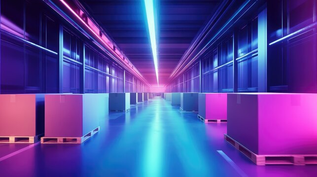 Futurism warehouse distribution transporting goods with neon lights