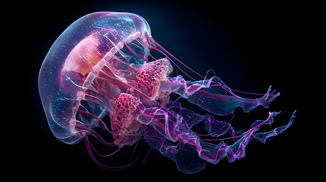 Ethereal bioluminescent jellyfish drifting in deep ocean